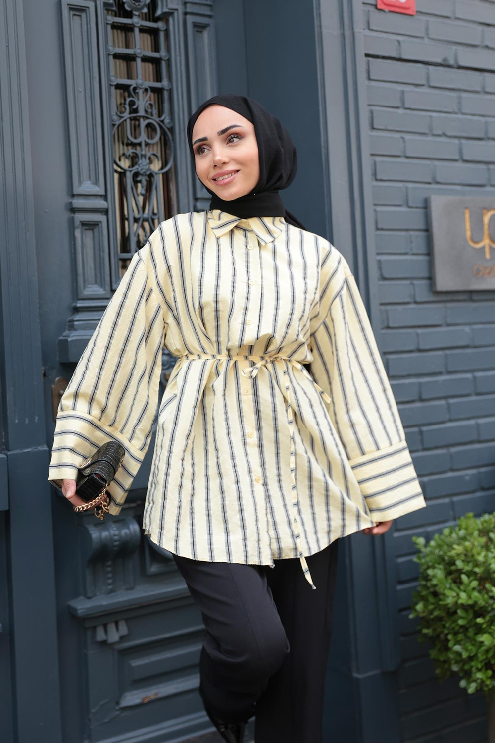 Siyah Çizgili Balon Kol Gömlek  Sarı