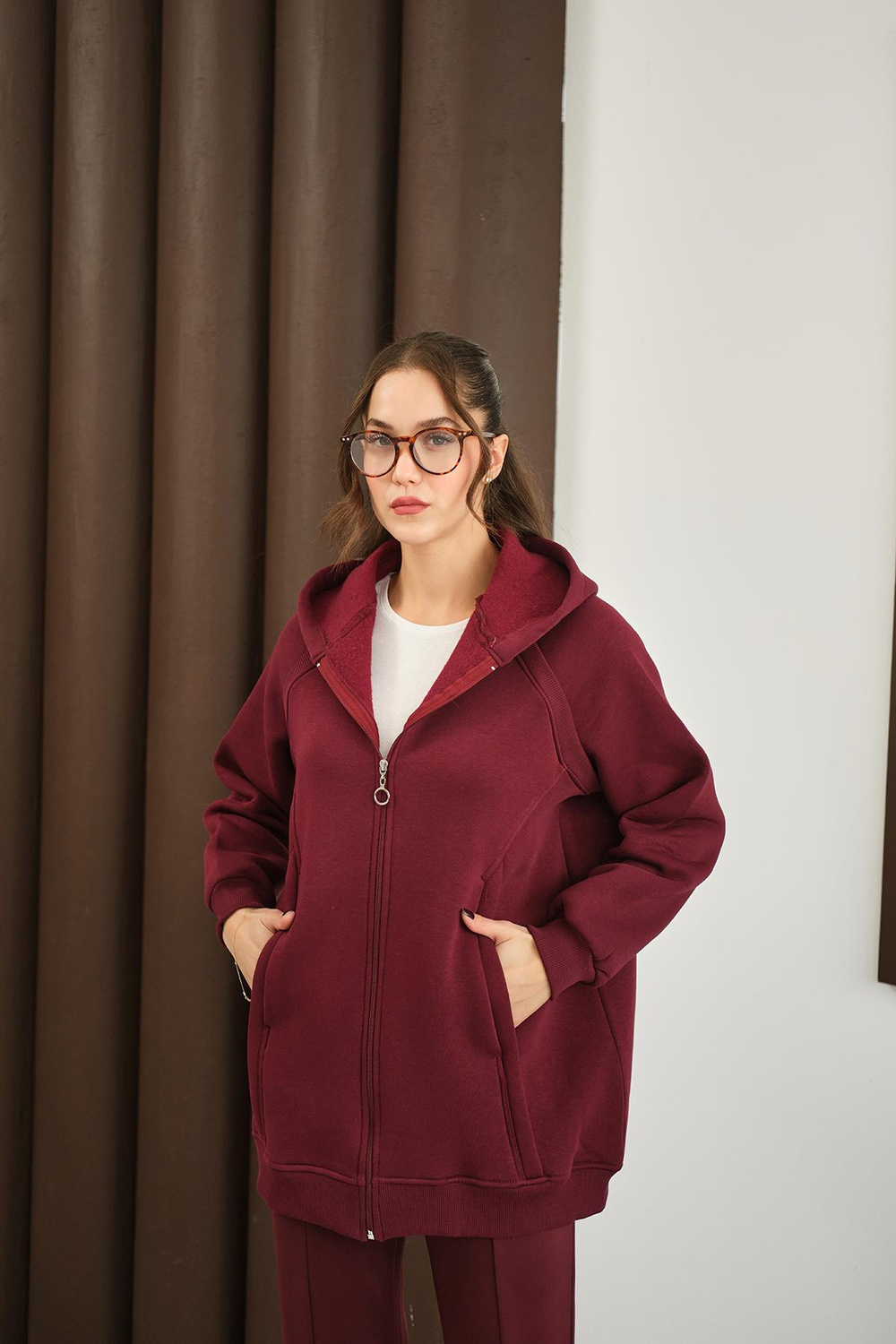 Süveter Detay Kapüşonlu Hırka Bordo
