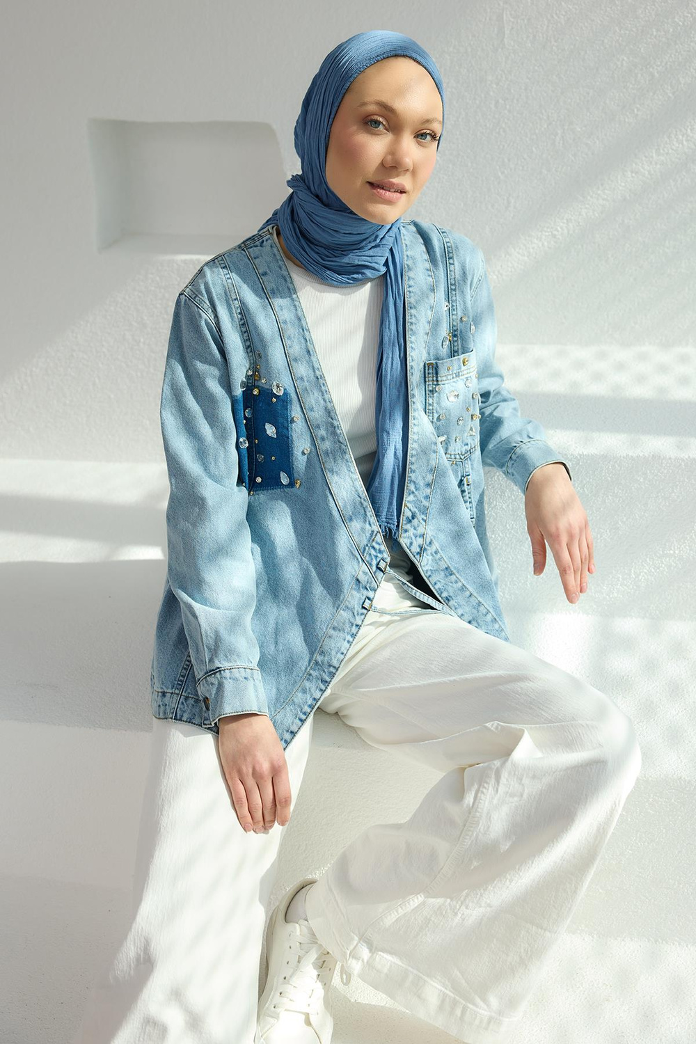 Taş Detay Kot Kimono Mavi