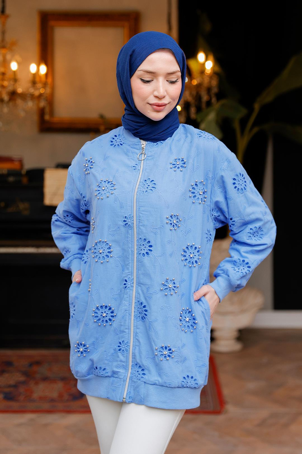 Taş İşlemeli Brode Hırka Mavi