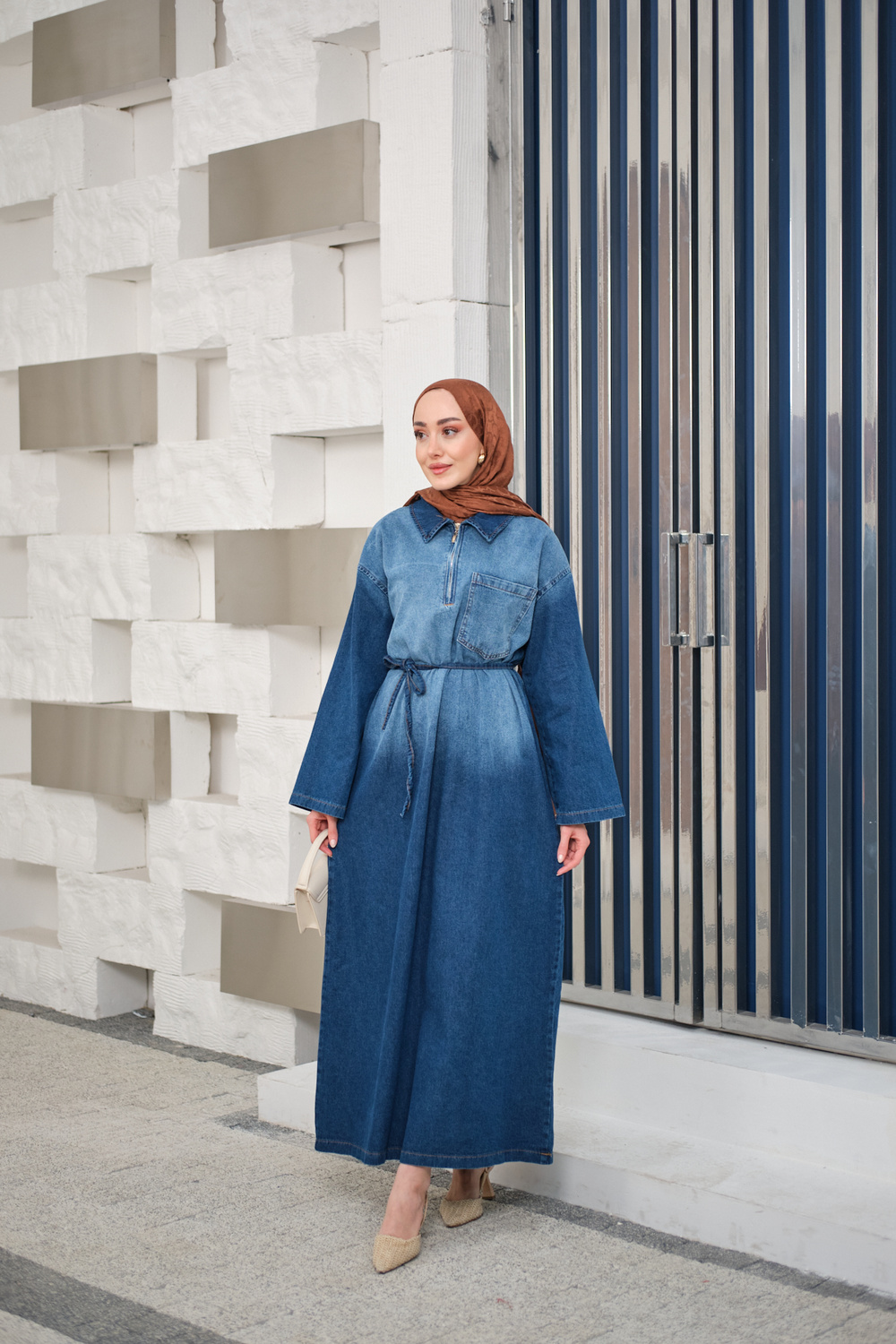 Tonsürton Detaylı Bel Bağlamalı Kot Elbise Mavi