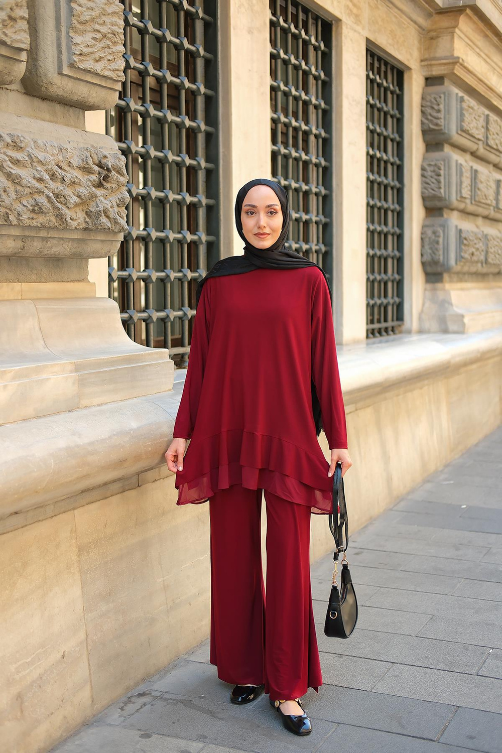 Tül Detay İkili Takım Bordo