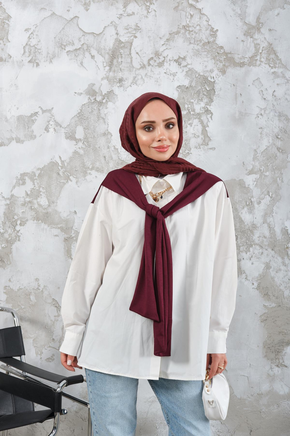 Yaka Bağlamalı Çift Renk Gömlek Mürdüm