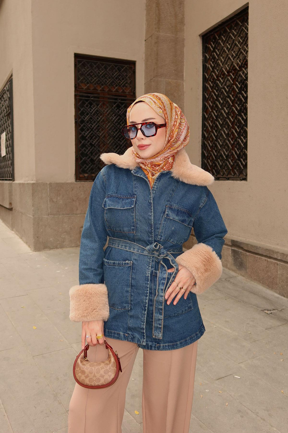 Yaka Kürk Detay Kot Ceket Koyu Mavi