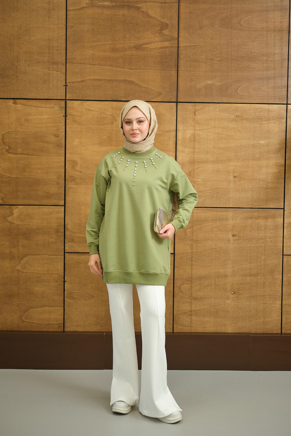 Yaka Taş Detay Tunik Yeşil