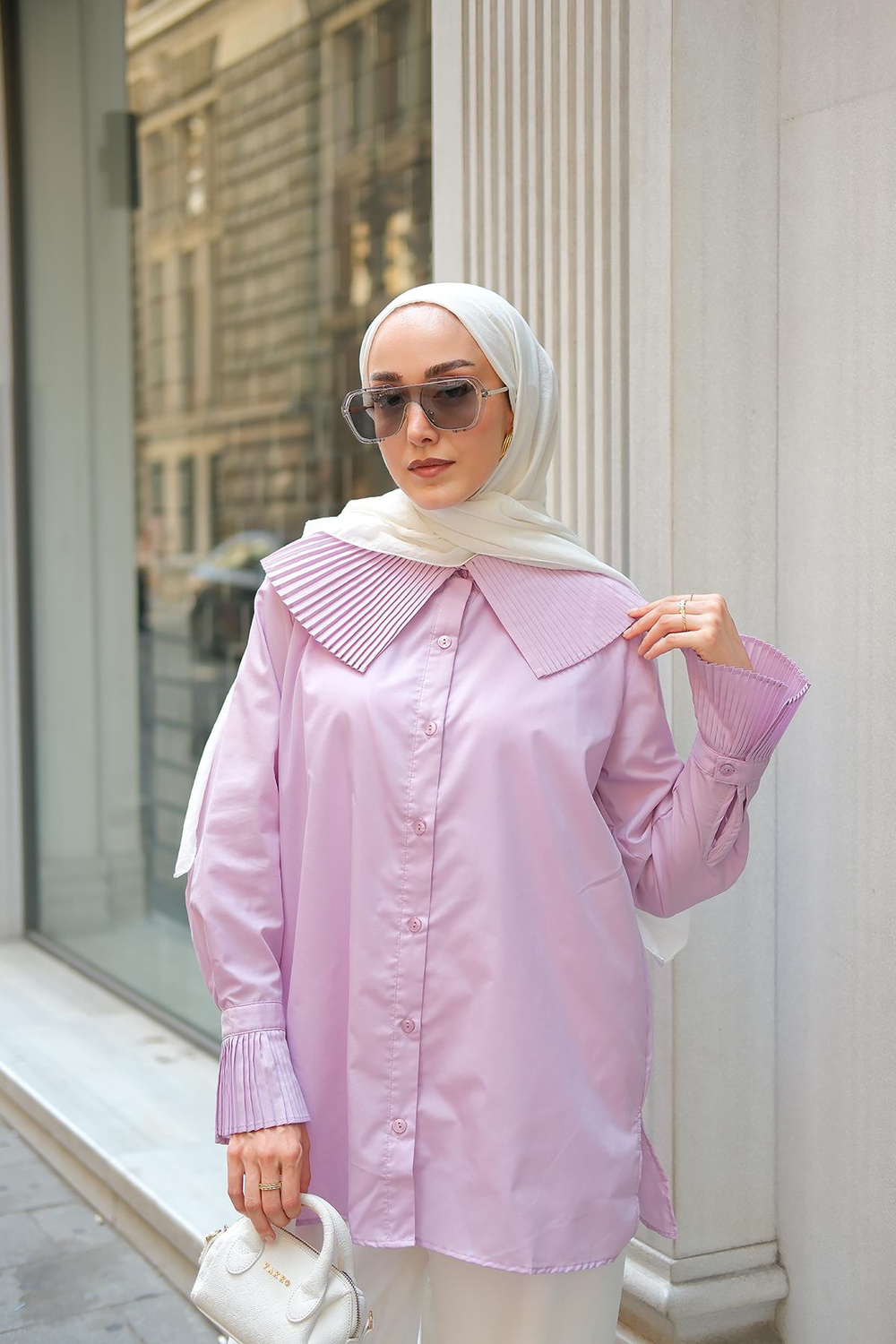 Yaka Ve Kol Pilise Detaylı Gömlek Lila