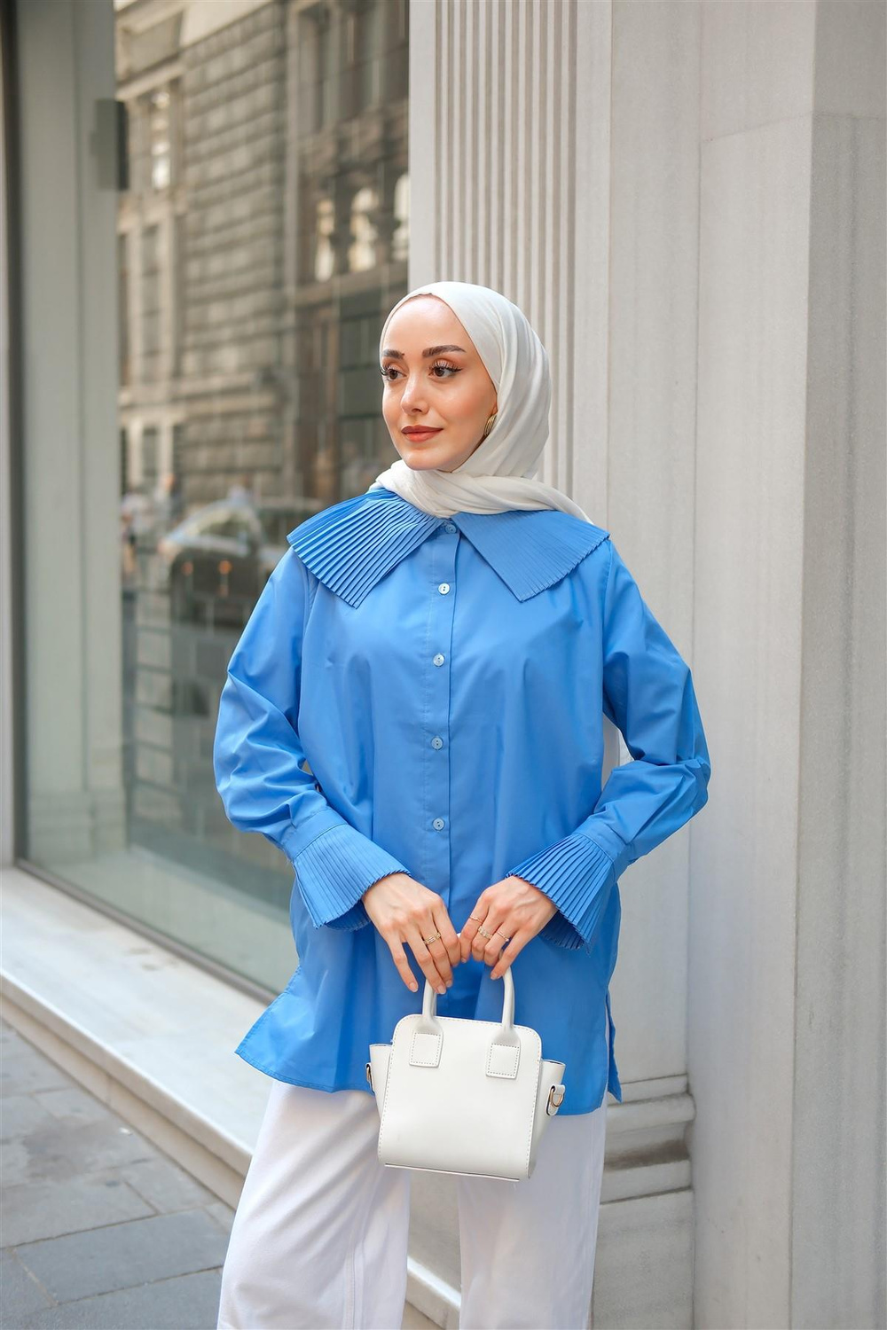 Yaka Ve Kol Pilise Detaylı Gömlek Mavi