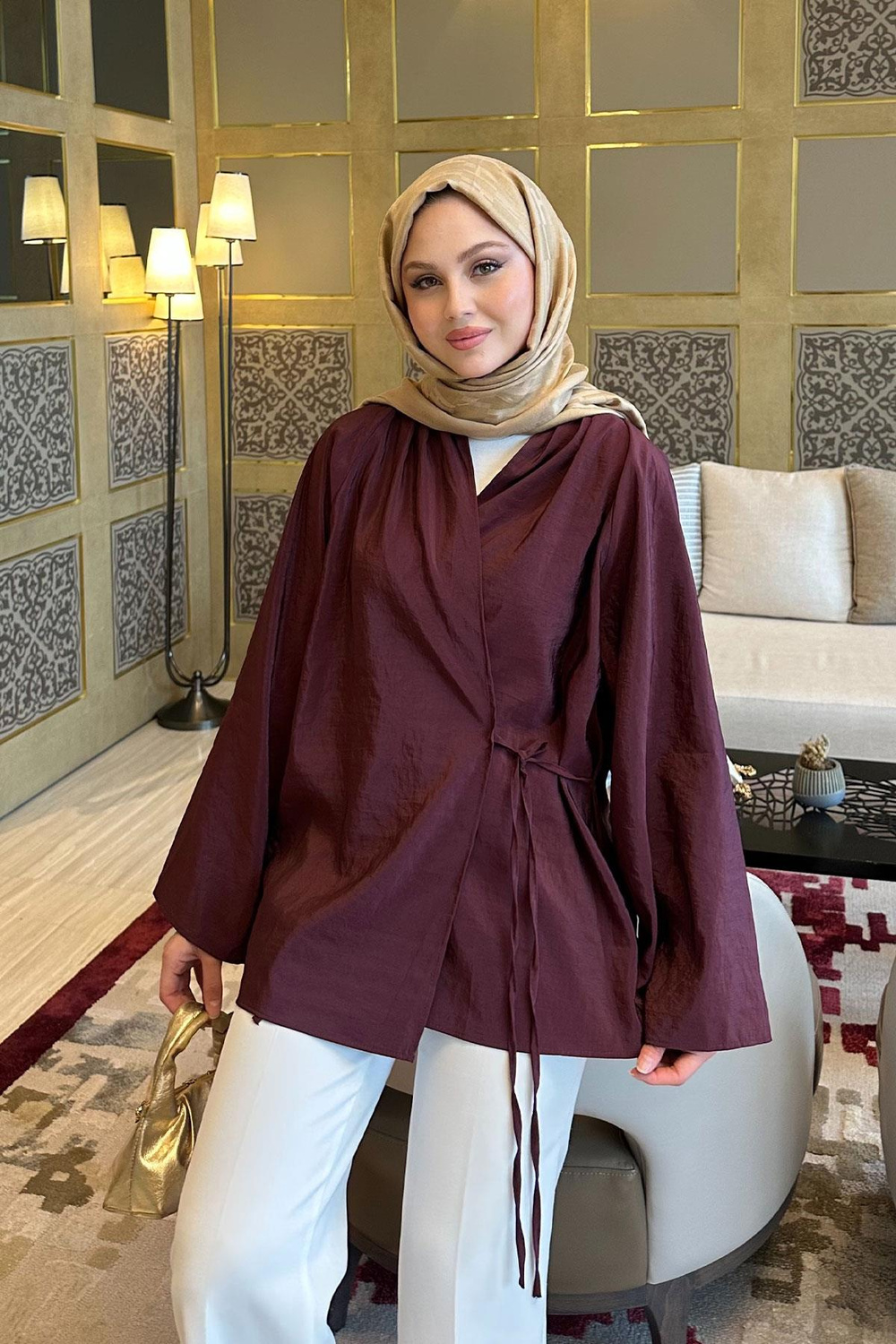 Yakası Pile Detaylı Kimono Bordo