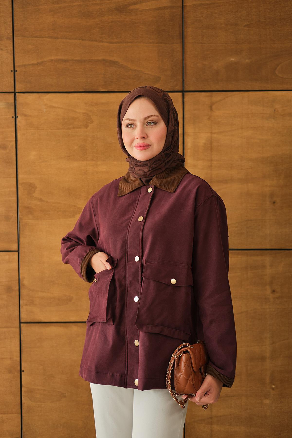 Yakası Ve Bilekleri Kadife Detaylı Ceket Bordo