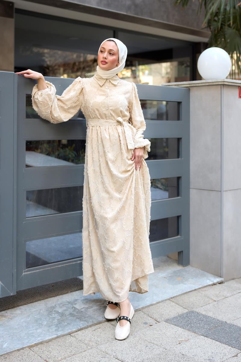 Yakma Çicek Desenli Jakar Elbise  Krem