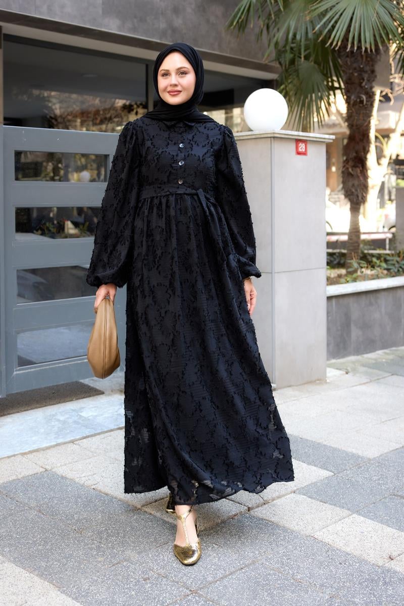 Yakma Çicek Desenli Jakar Elbise  Siyah
