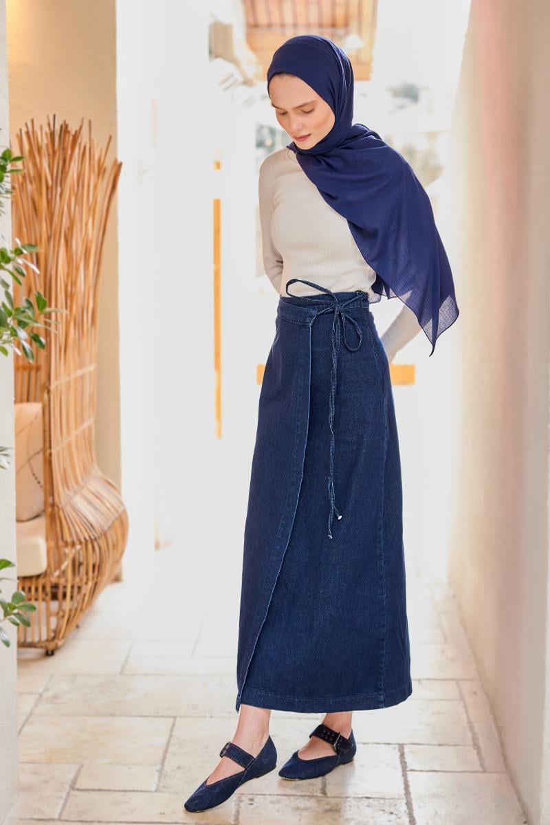 Yan Bağlamalı Jean Etek Koyu Mavi