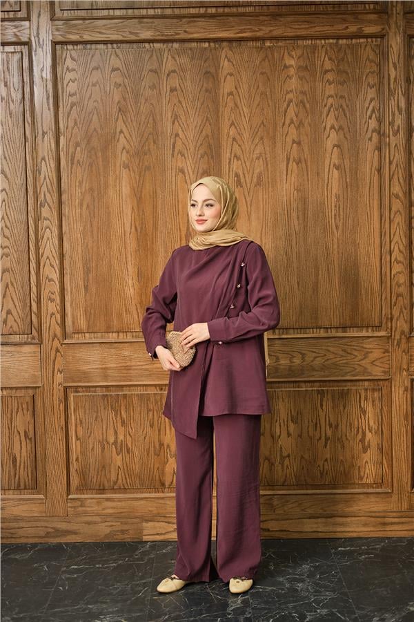 Yan Düğme Detay Takım Bordo