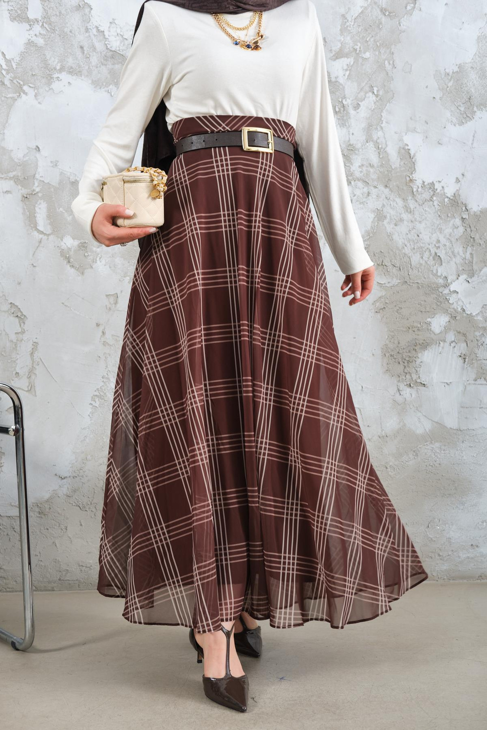 Yan Fermuarlı Kare Desen Şifon Etek Kahverengi