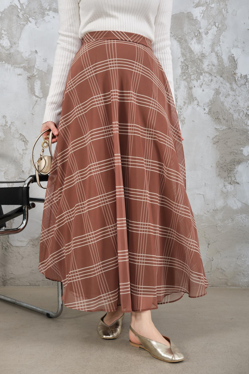 Yan Fermuarlı Kare Desen Şifon Etek Vizon