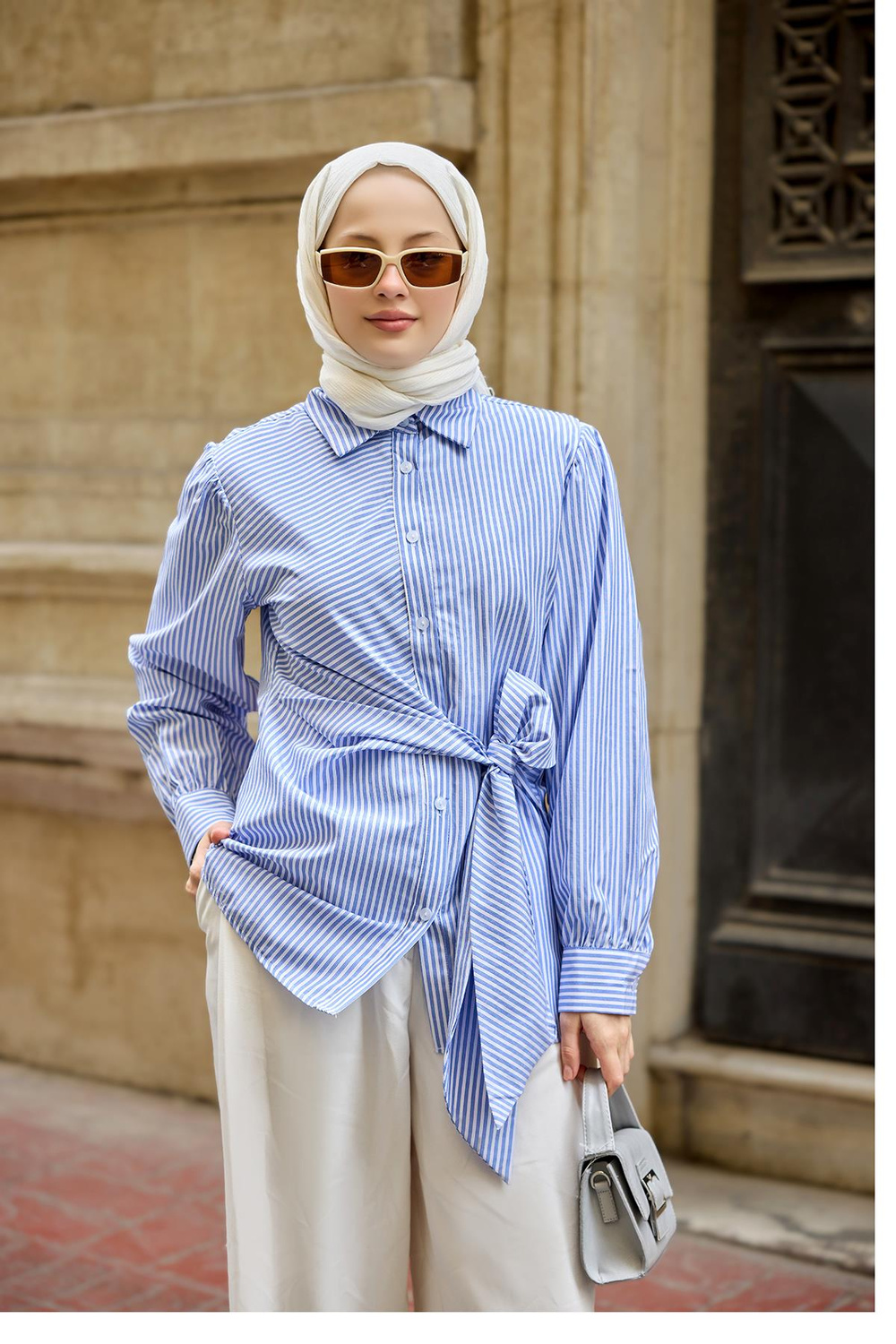 Yandan Bağlamalı Çizgili Gömlek Mavi