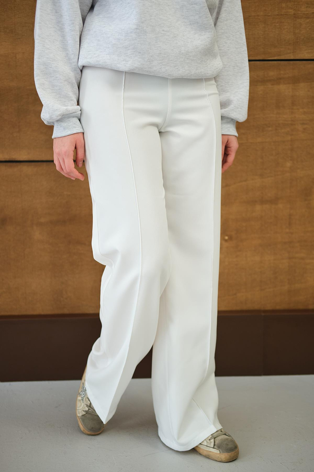 Yandan Çizgili Fermuar Detay Pantolon Beyaz