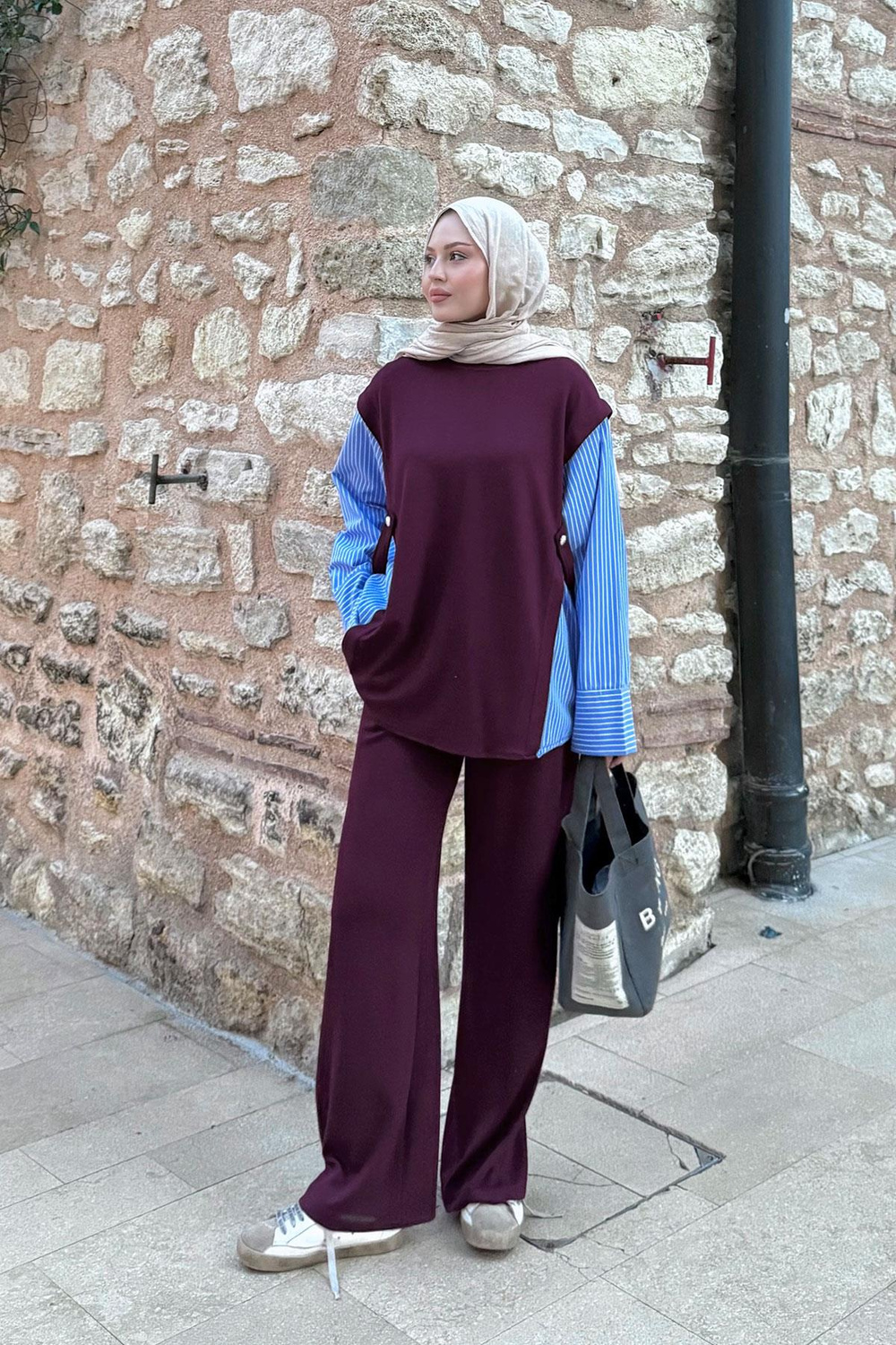 Yandan Düğmeli Gömlek Detaylı Takım Bordo