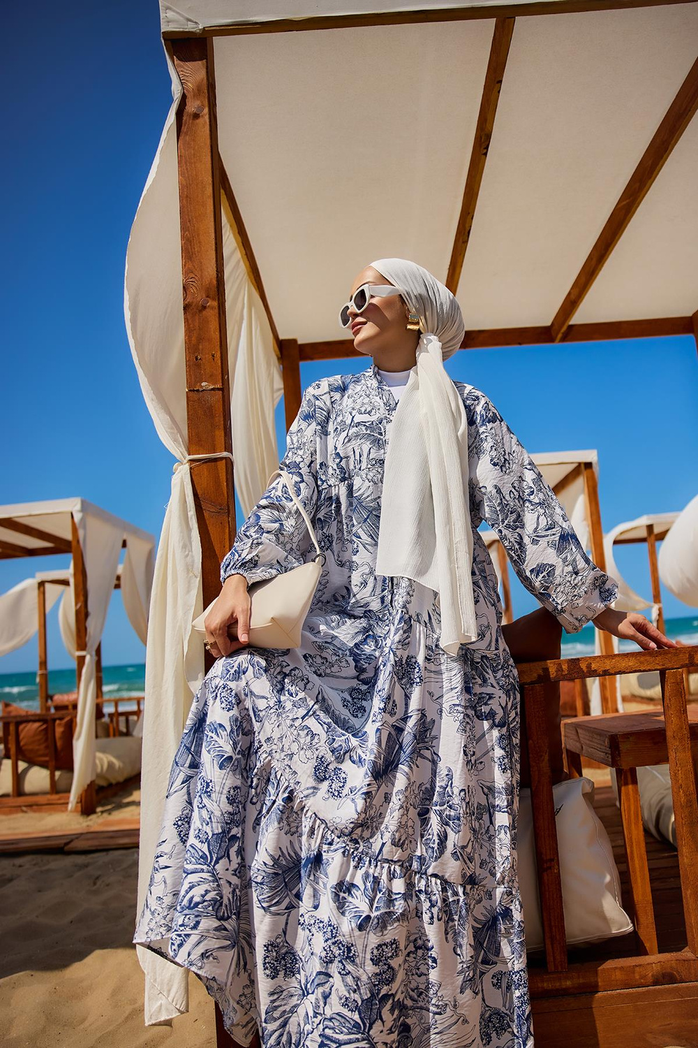 Yaprak Desen Elbise Mavi