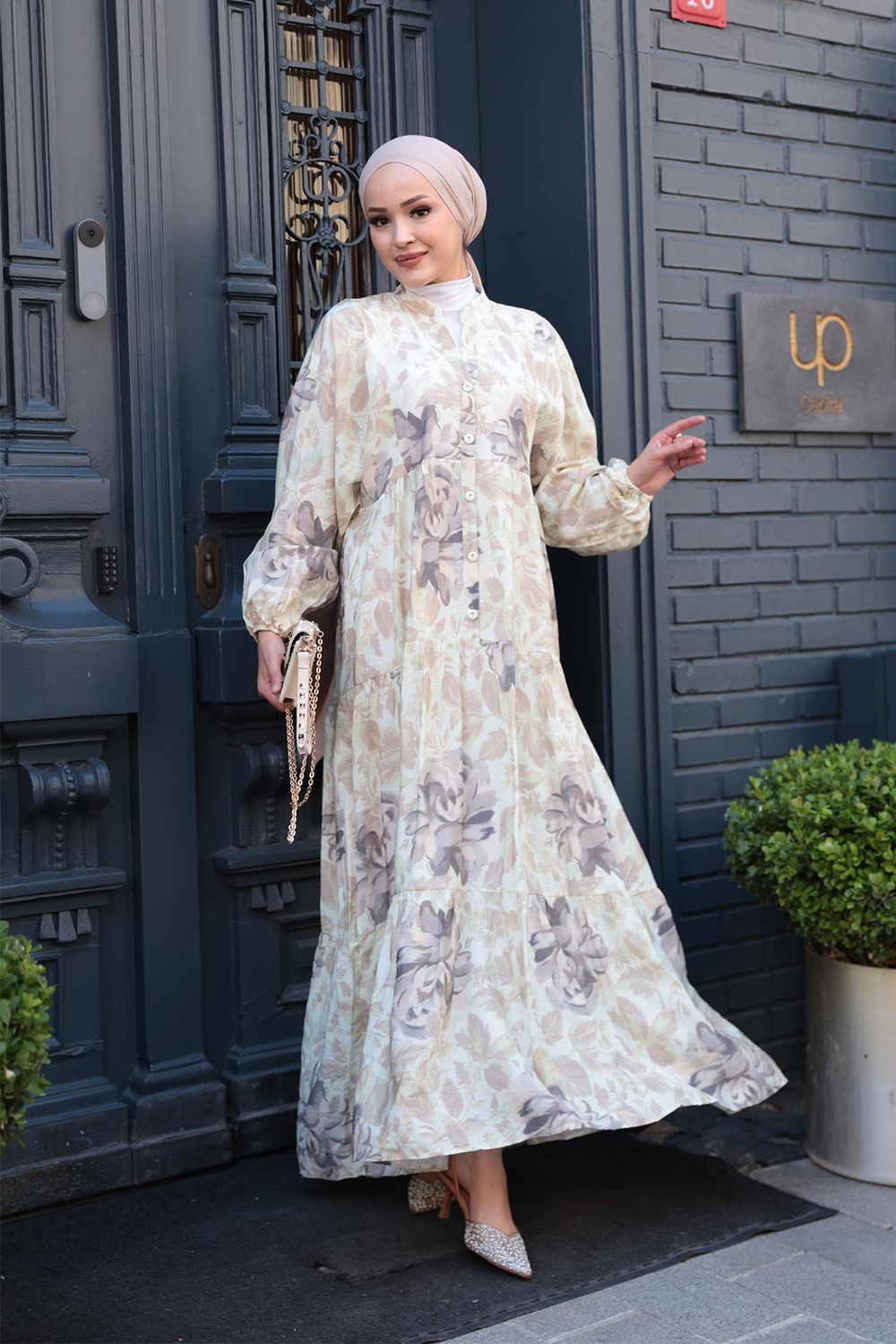 Yaprak Desenli Elbise Küf Yeşil