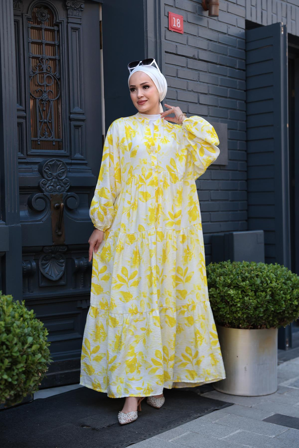 Yapraklı Soyut Desen Elbise Sarı