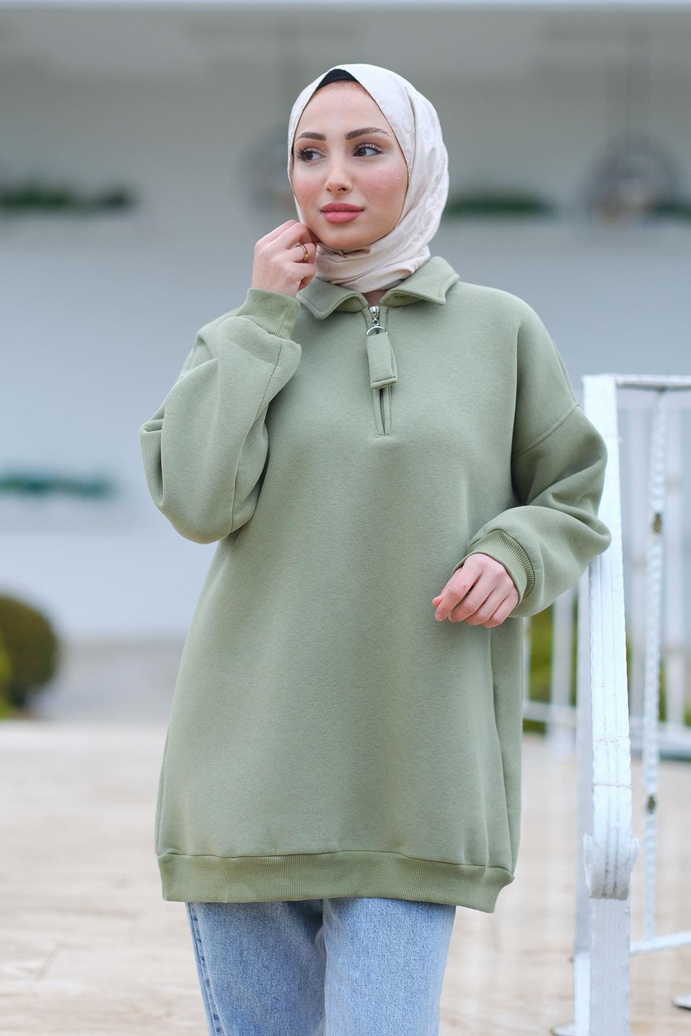 Yarım Fermuar Detay Sweat Yeşil