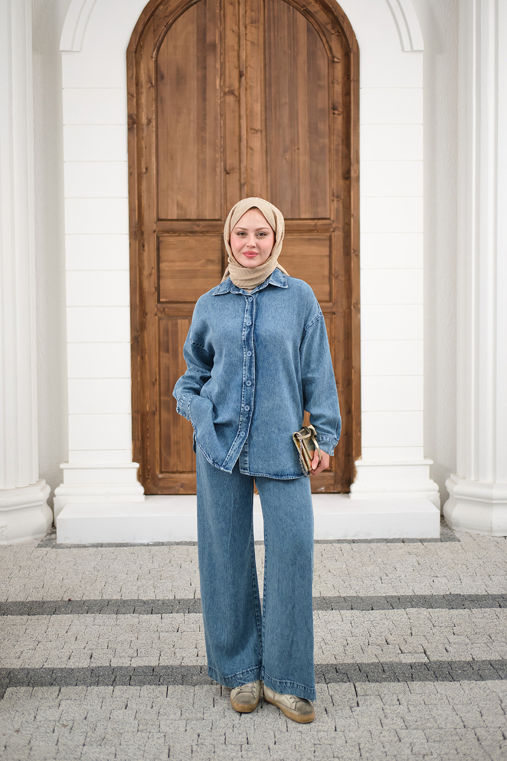 Yıkama Detay Beli Lastikli Boru Paça Gömlekli Takım Buz Mavi