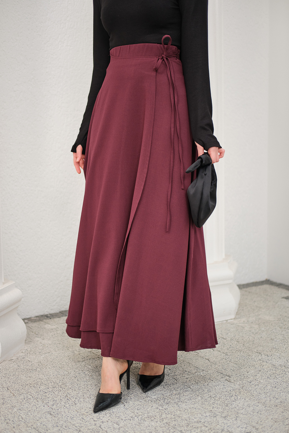 Yırtmaç Detay Kurdeleli Etek Bordo