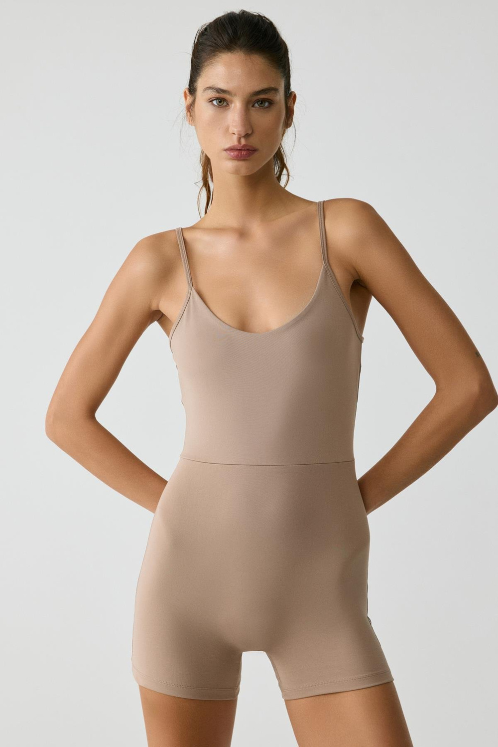 ALESIA Kadın Slim Fit İp Askılı Training Vizon Tulum