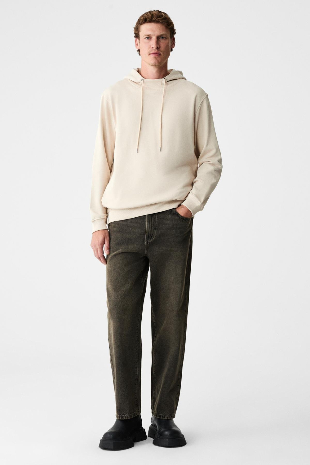 ALESSIO Erkek %100 Pamuk Kapüşonlu Kordon Detaylı Oversize Fit Bej Sweatshirt