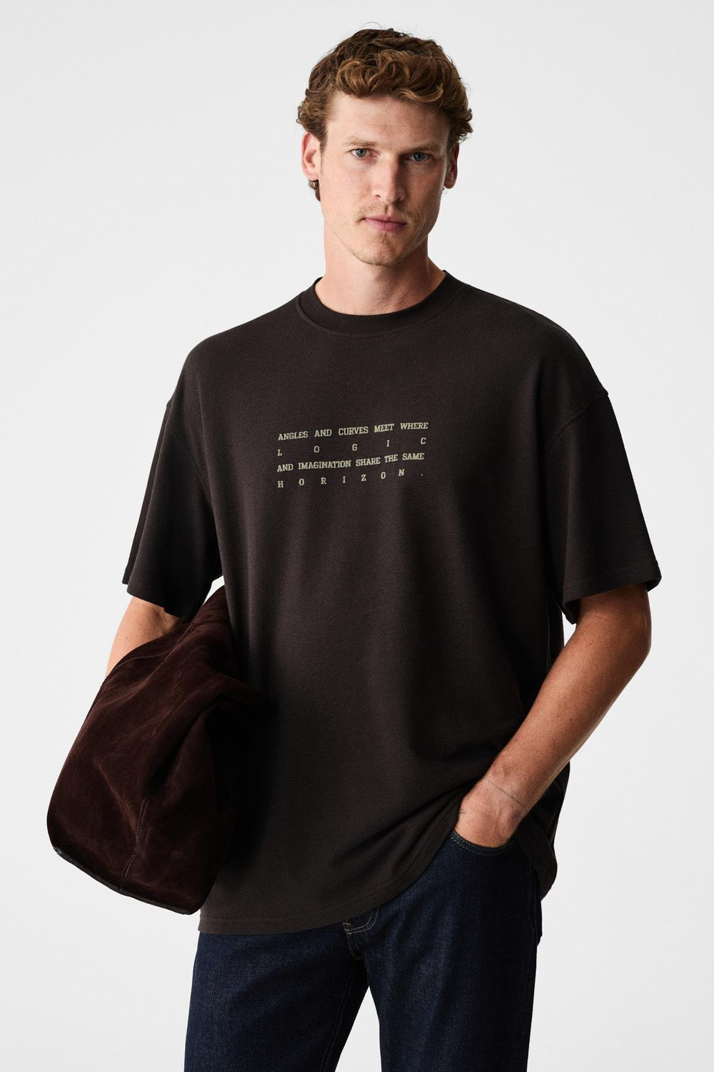 ANGLES Erkek %100 Organik Pamuk Baskılı Bisiklet Yakalı Oversize Acı Kahve T-Shirt