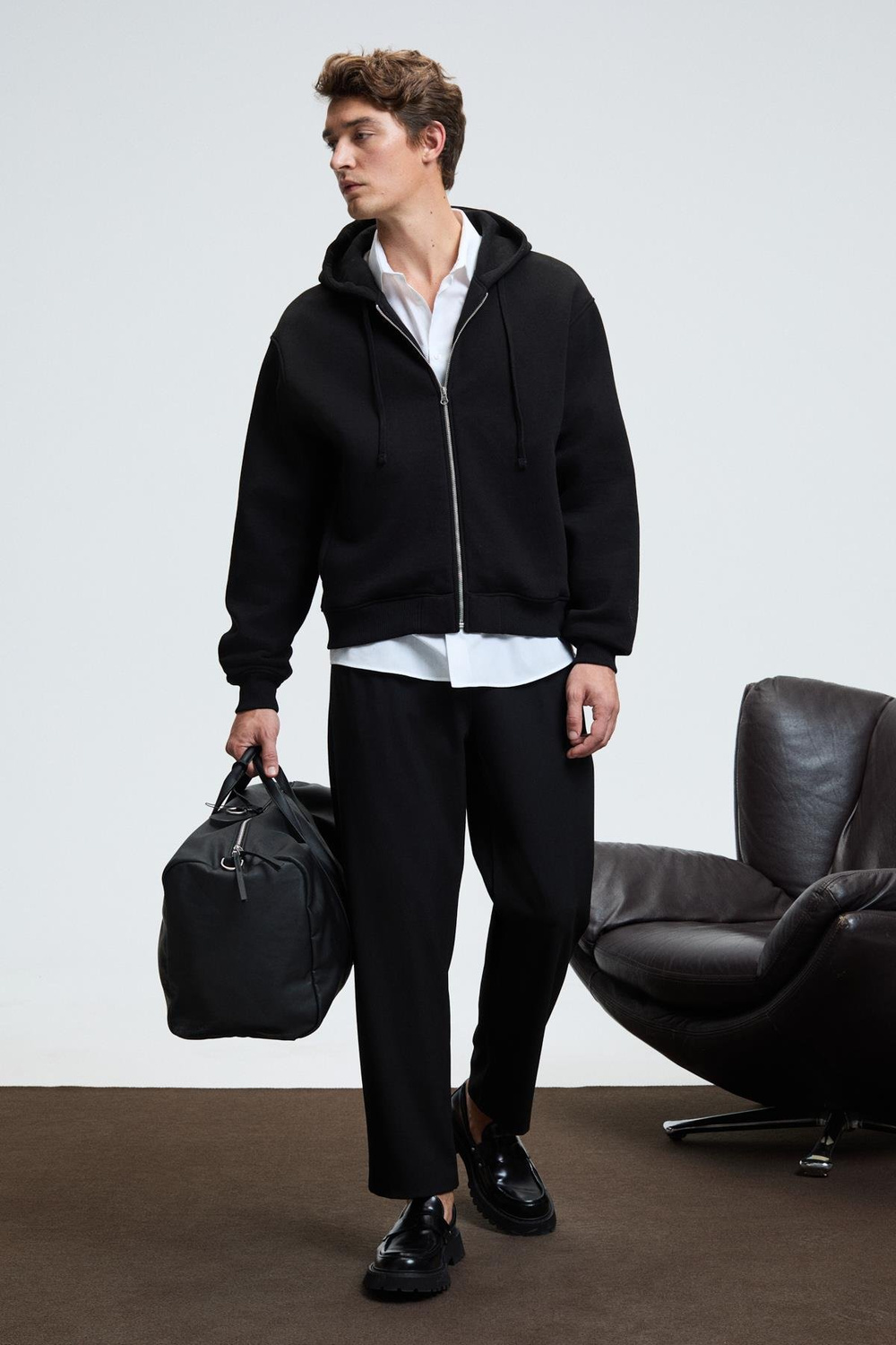 ASHBY Erkek Kapüşonlu Fermuarlı Cepli Kordonlu Regular Fit Siyah Sweatshirt