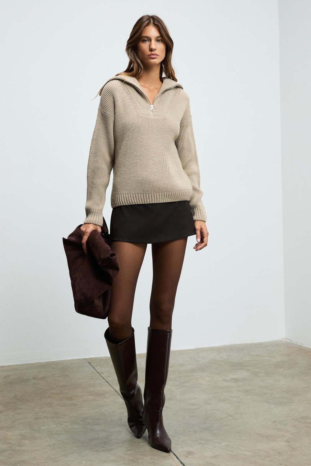 AUDAZ Kadın Fermuarlı Dik Yakalı Uzun Kollu Relaxed Fit Triko Bej Kazak