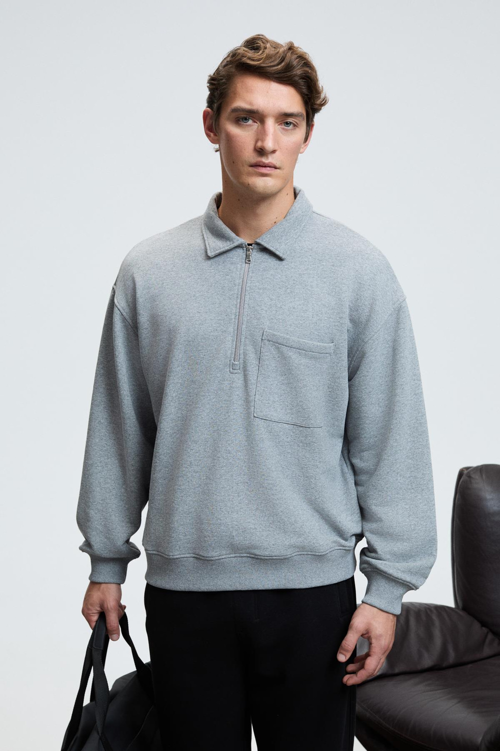 AUGUST Erkek %100 Pamuk Yarım Fermuarlı Yakalı Cepli Süs Etiketli Grimelanj Sweatshirt