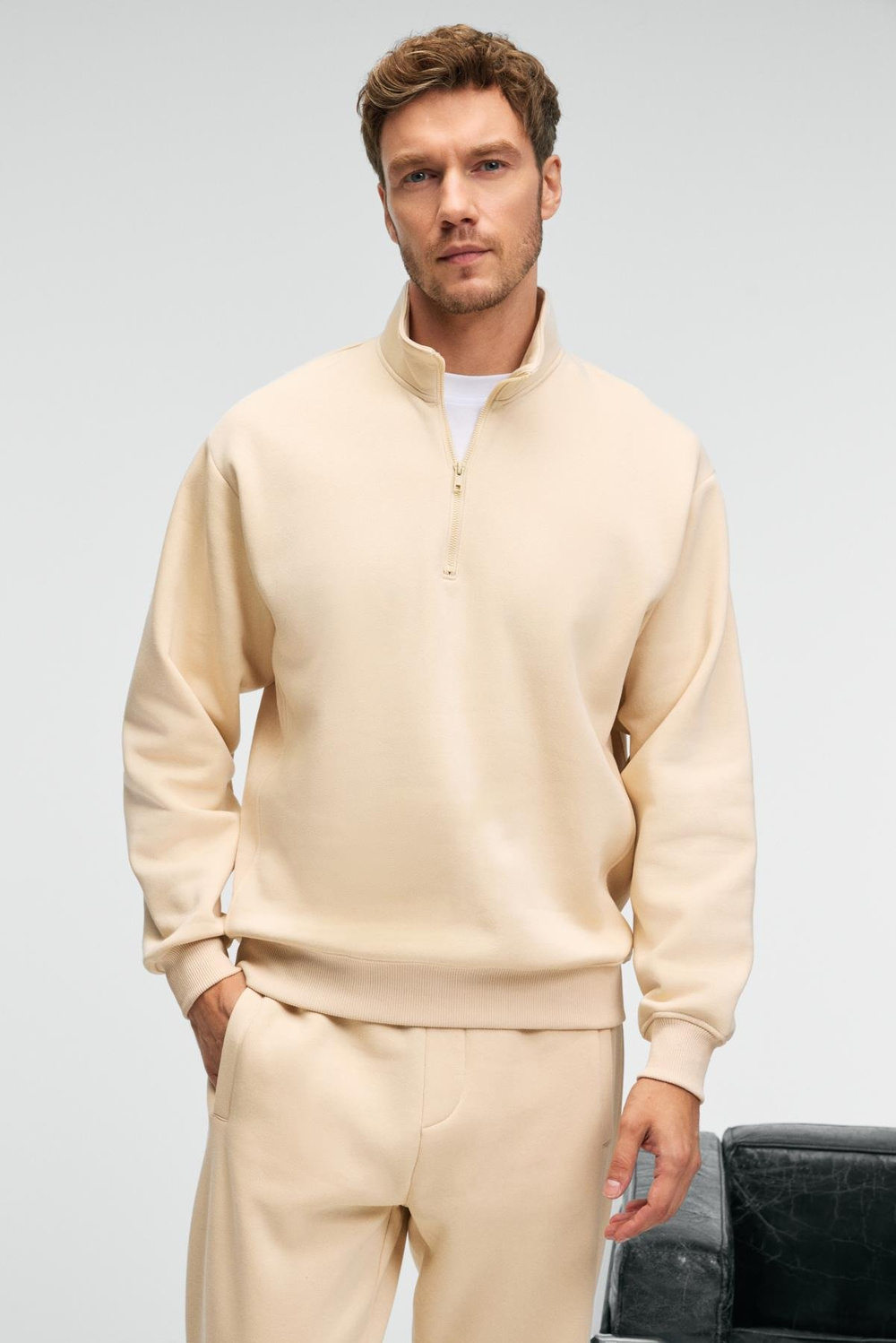 BAXTER Erkek Dik Yakalı Fermuarlı Relaxed Vanilya Sweatshirt