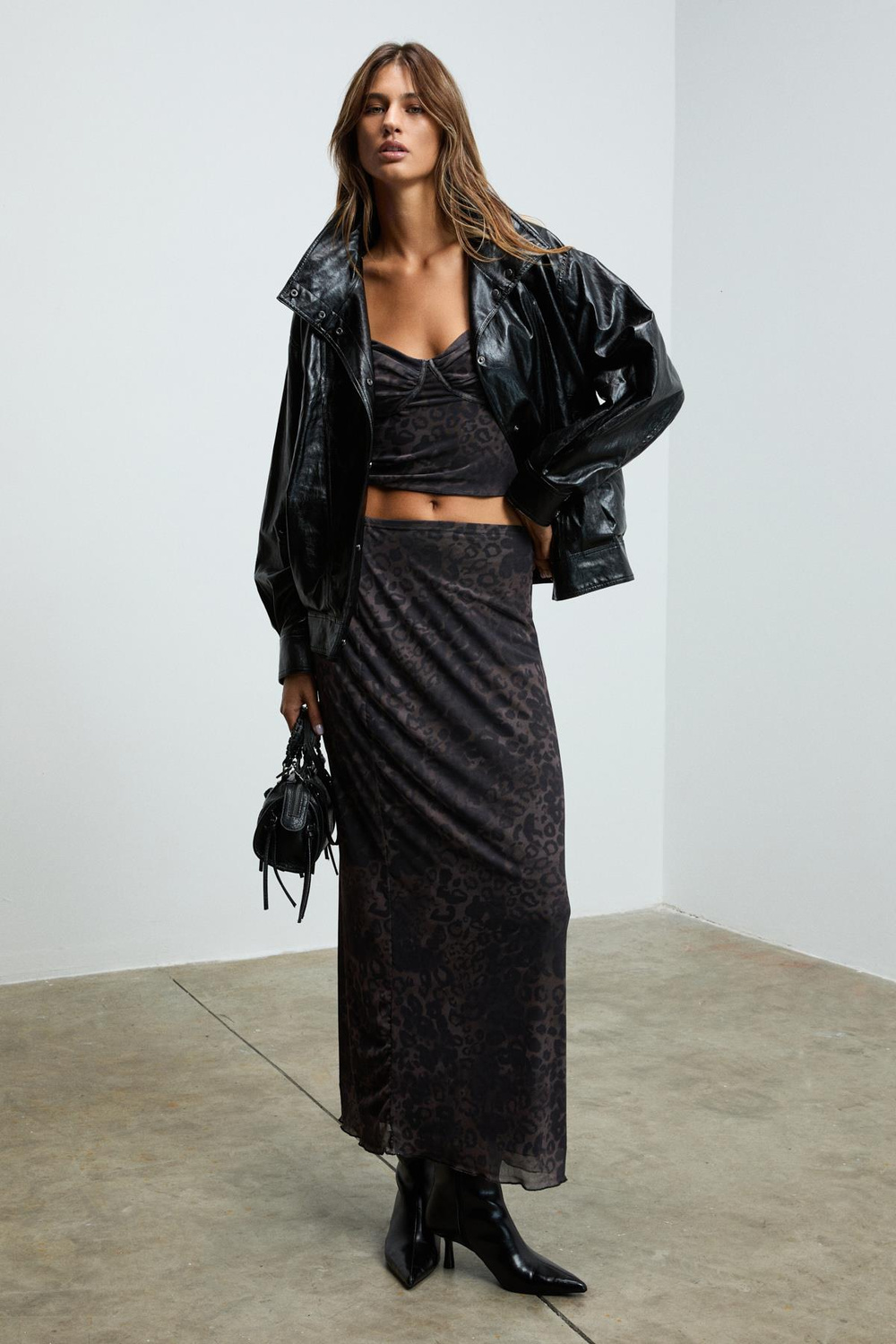 BEULAH Kadın Maxi Boy Slim Fit Beli Lastikli Tül Batik Desenli Siyah-Leopar Desenli Etek