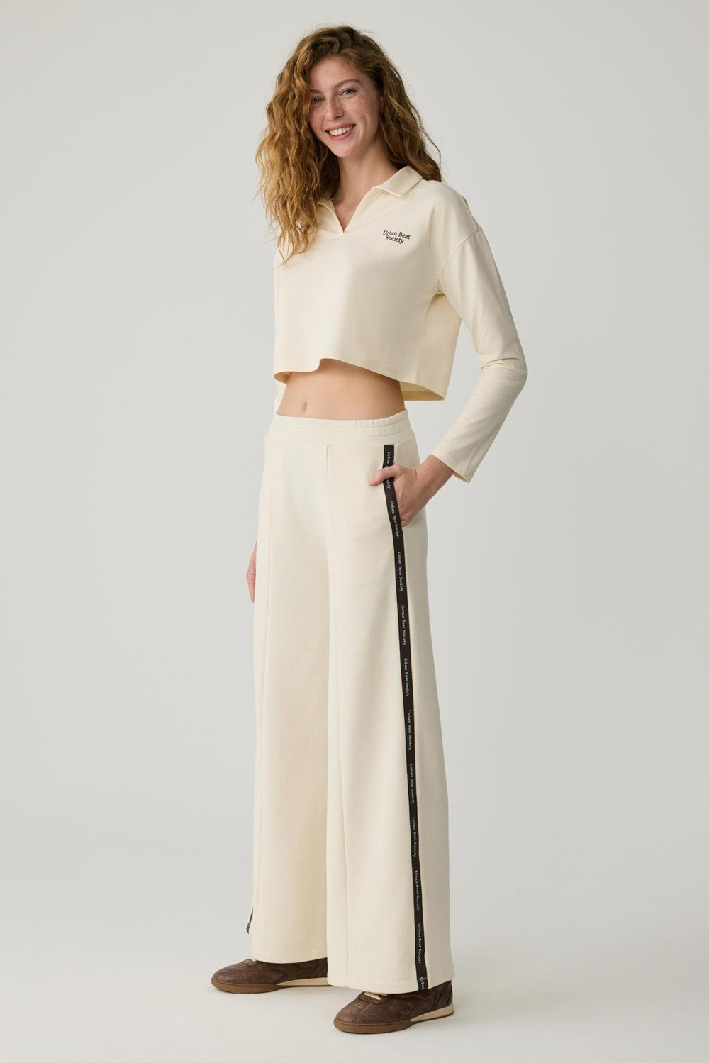 BRITTA  Kadın Beli Lastikli Geniş Paça Relaxed Ekru Eşofman Altı