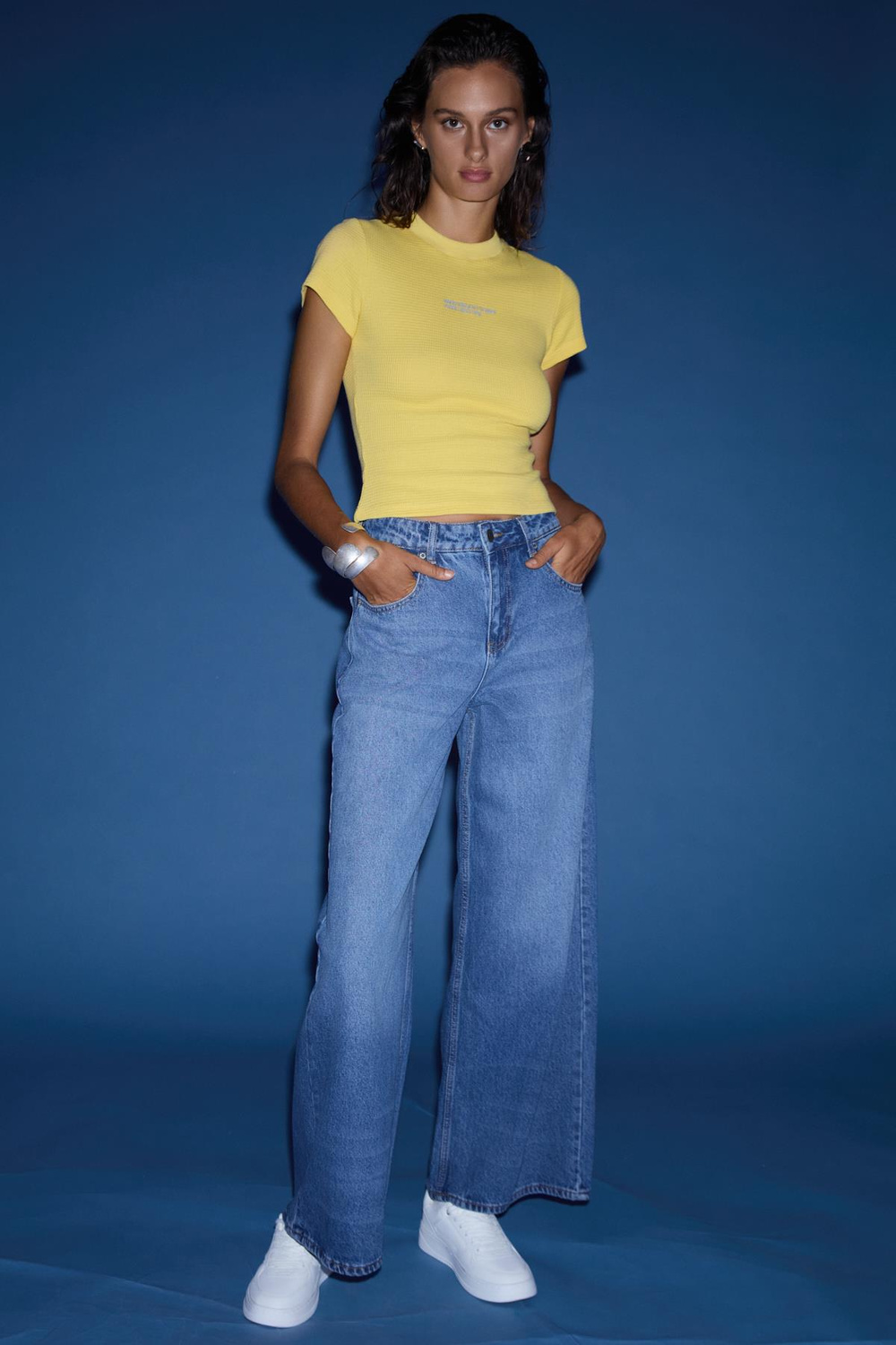 CELETNA Kadın %100 Pamuk Extra Wide Leg Mavi Jeans