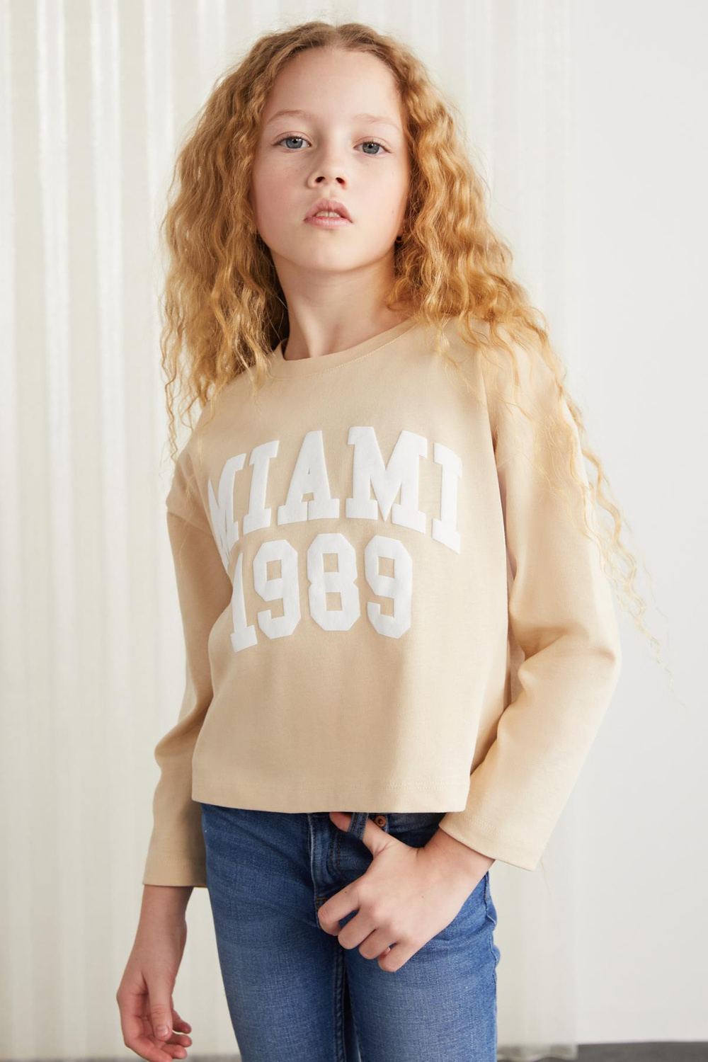 CHERLY-GRM24020-100% pamuk baskılı kız çocuk uzun kollu tshirt Bej T-Shirt