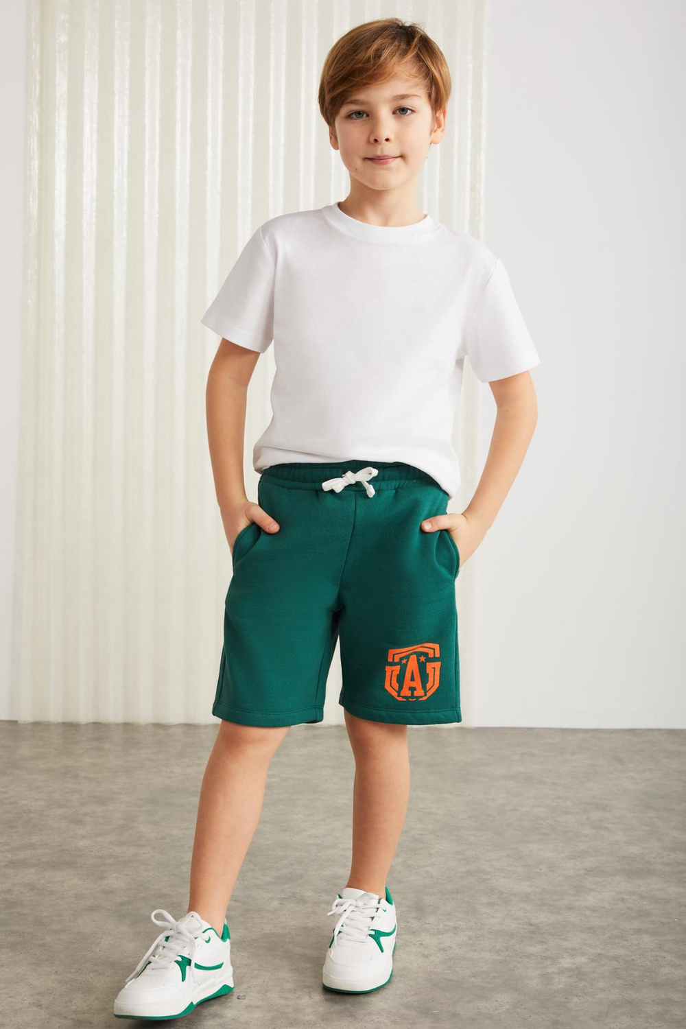 DARVELL-GRM24007 100% pamuk baskılı erkek çocuk şort Yeşil Şort