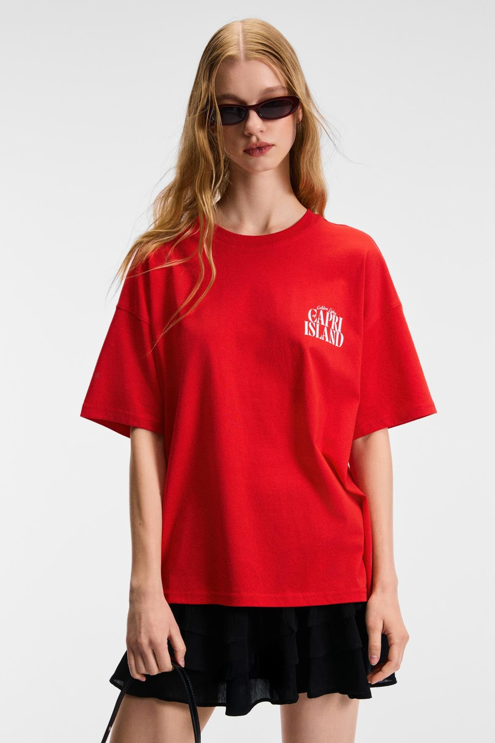 FEYLORA Kadın %100 Pamuk Oversize Fit Baskı Detaylı Kısa Kollu Bisiklet Yaka Kırmızı T-Shirt