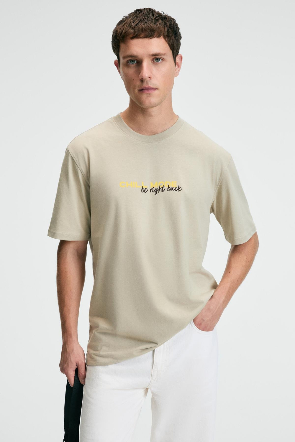 FRESH Erkek %100 Pamuk Oversize Fit Baskılı Kısa Kollu Yuvarlak Yakalı Taş Rengi T-Shirt