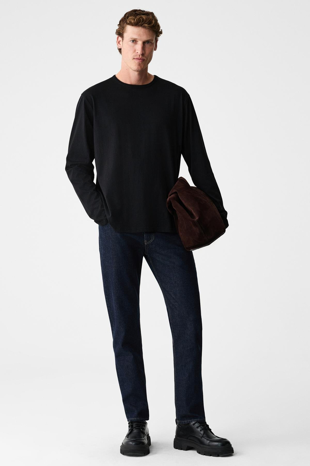 GRAVS Erkek %100 Pamuklu Yumuşak Kumaşlı Yuvarlak Yakalı Uzun Kollu Siyah T-Shirt