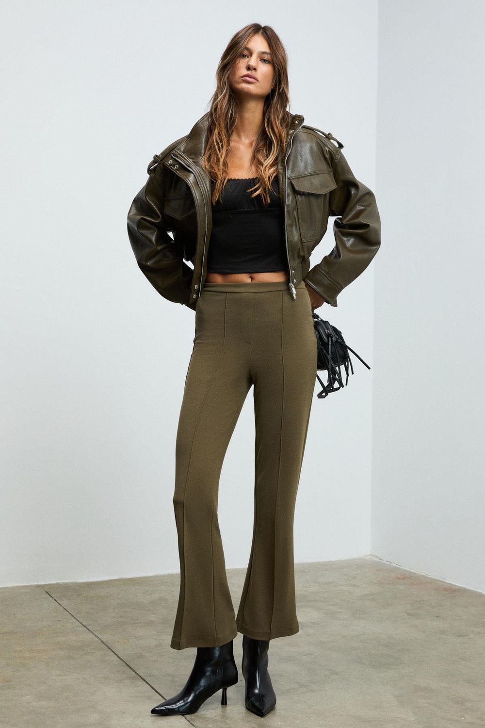 KALYYSIA Kadın Yüksek Bel Geniş Paçalı Slim Fit Haki Pantolon