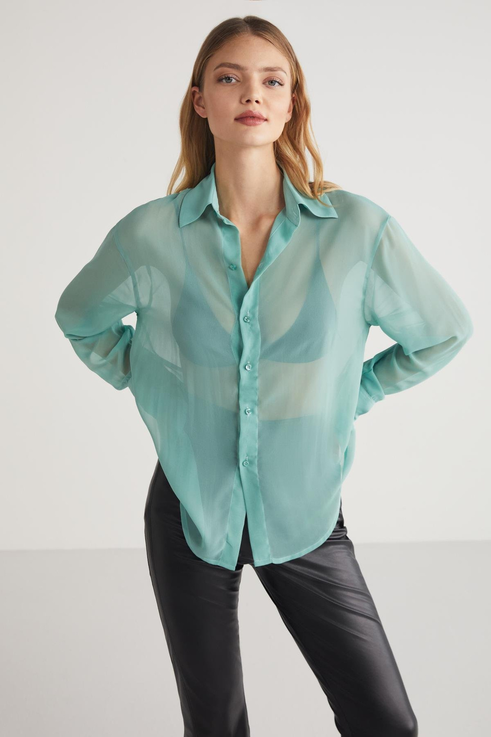 LIMA  Oversize Turkuaz Tekli Gömlek