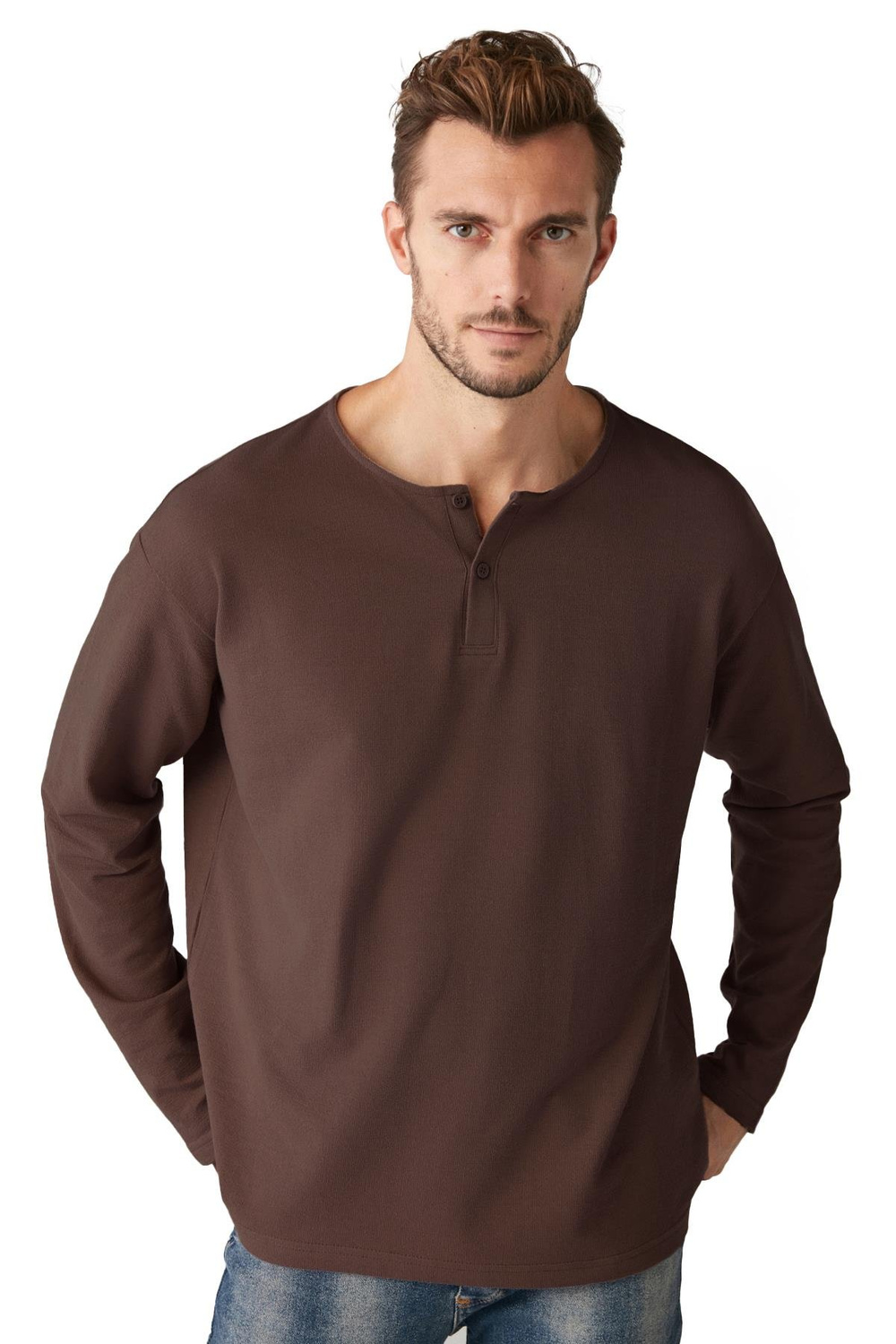 Lorenzo Erkek Özel Rustik Dokulu  %100 organik Pamuk Düğme Detaylı Regular Acı Kahve Sweatshirt