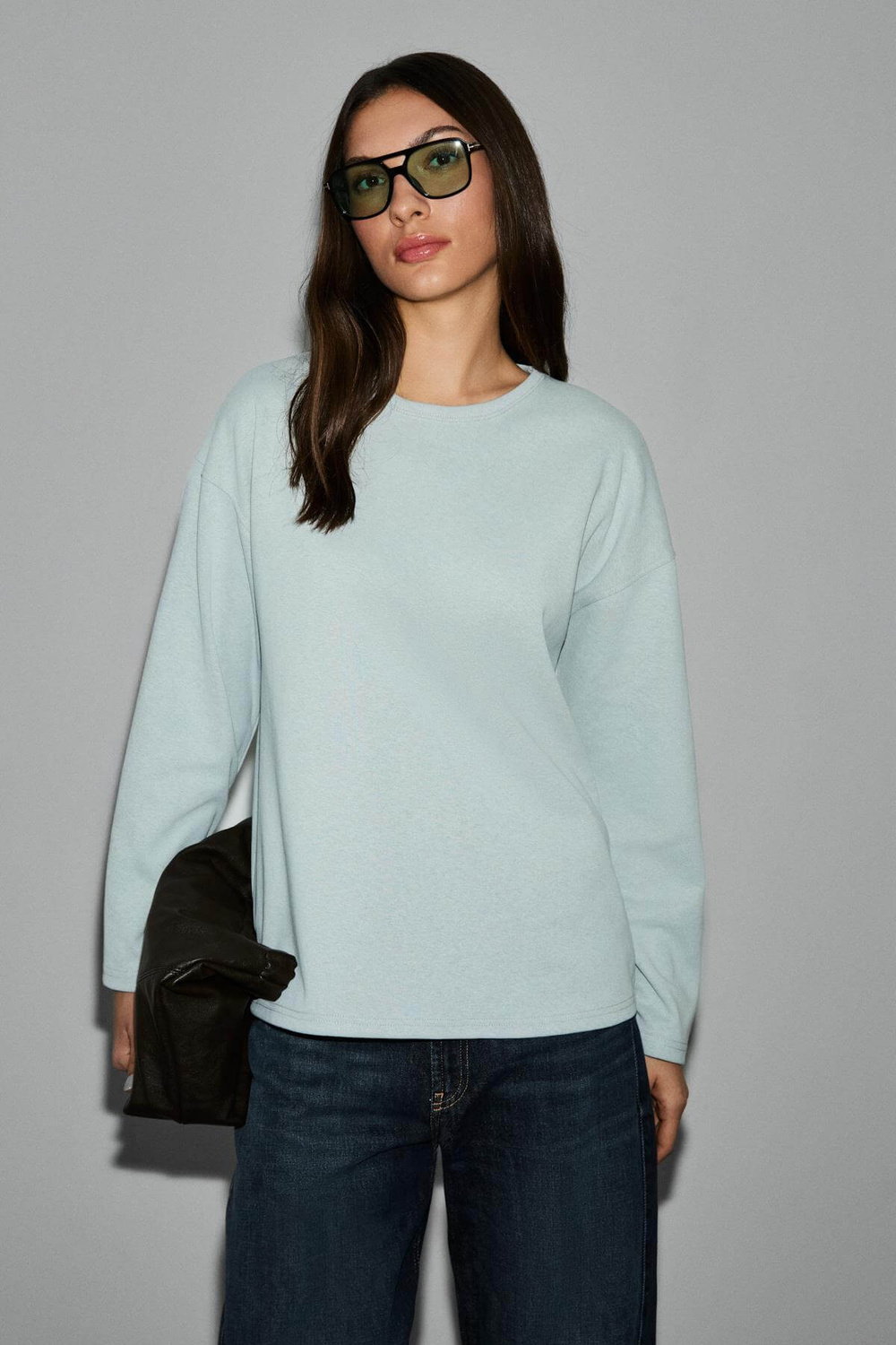 NEAT Kadın Organik Pamuklu Bisiklet Yaka Oversize Fit Uzun Kollu Gri T-Shirt