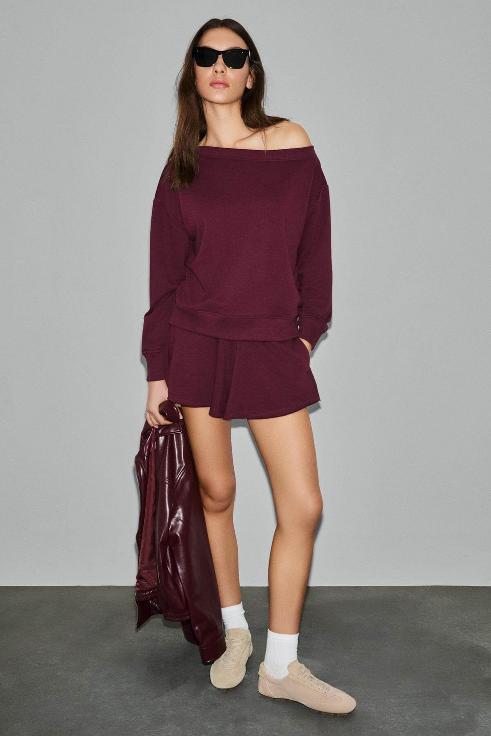 PUNNUET Kadın Organik Pamuklu Kayık Yaka Beli Lastikli Çift Cepli Relaxed Bordo Alt-Üst Takım