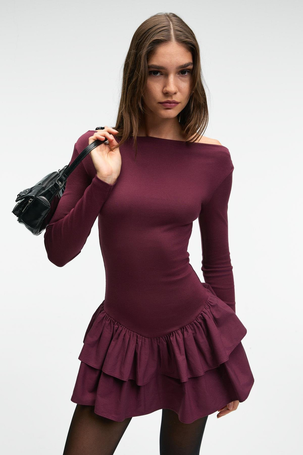 TRUSEA Kadın Üstü Esnek Eteği Dokuma Kumaşlı Regular Mini Bordo Elbise