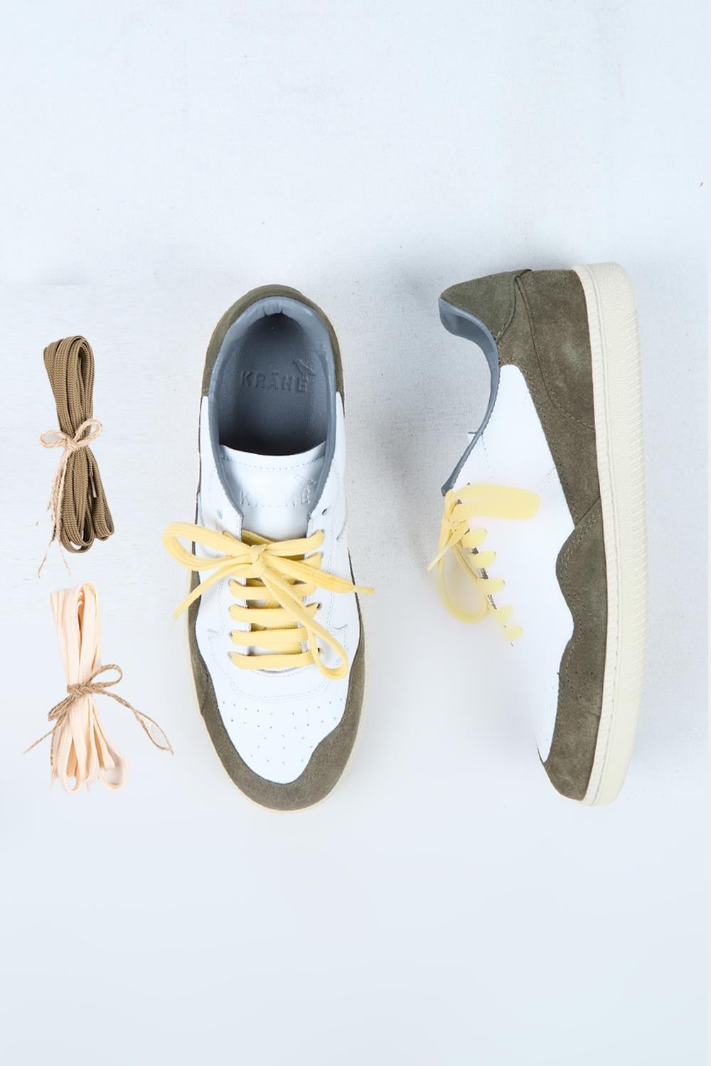 Krahe Artemis Erkek Hakiki Deri El Boyamalı Bağcık Ve İki Yedek Bağcıklı Beyaz-Haki Sneakers
